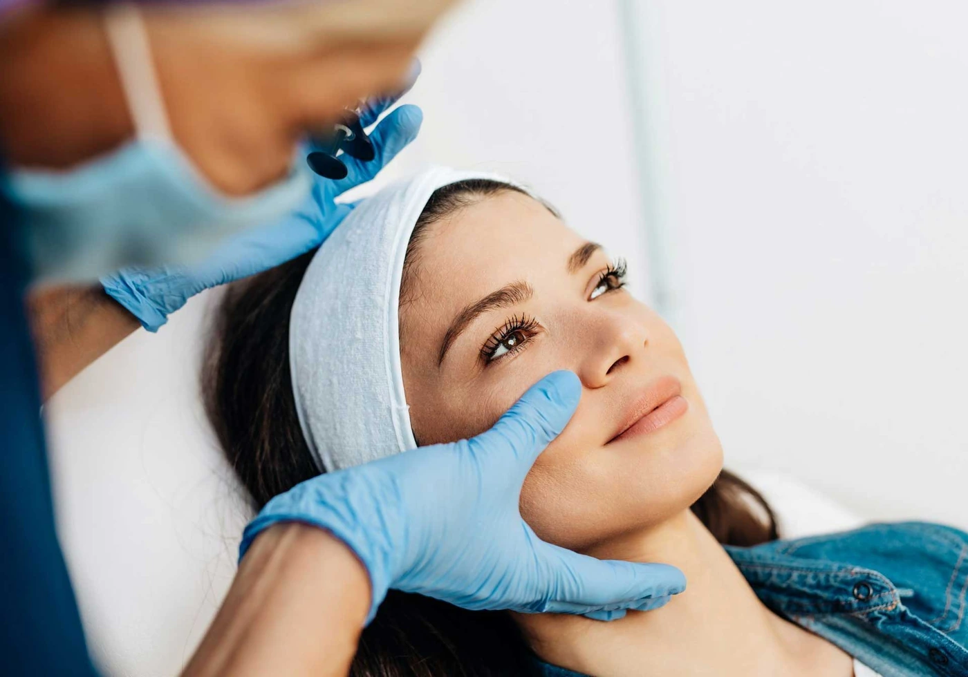 Clinician examining a patient face before aesthetic surgery