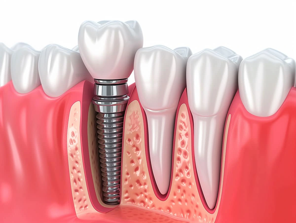 Illustration of a titanium dental implant placed in the jaw