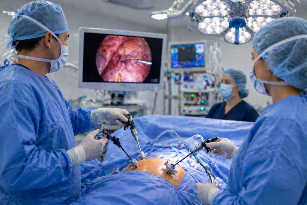 The full surgical team during a laparoscopic bariatric operation